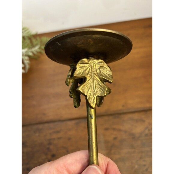 Vintage Brass Pillar Candle Holder With Leaf Motif 10” Tall - Picture 5 of 8